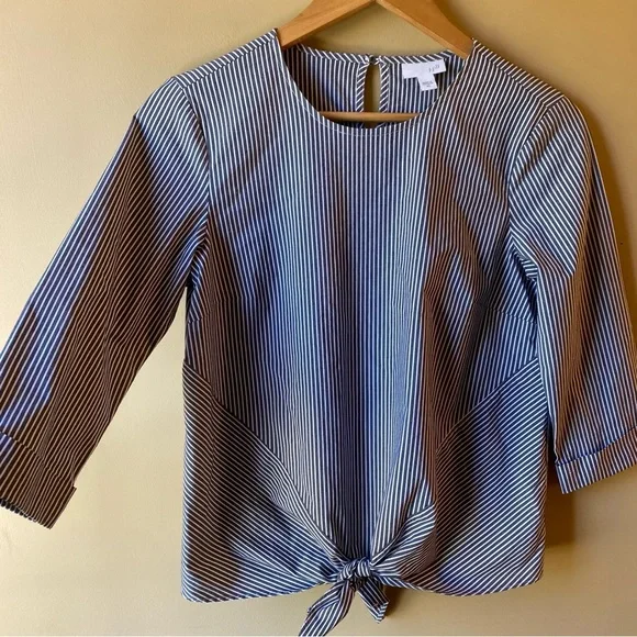 J. Jill Top Women's XS Gray White Striped Tie Front 3/4 Sleeves Casual Top - Picture 2 of 11